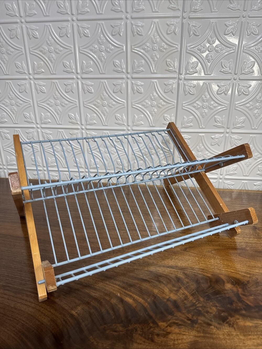 Vintage French Folding Dish, Drainer, Blue Coated Wire Rack, Wooden Frame